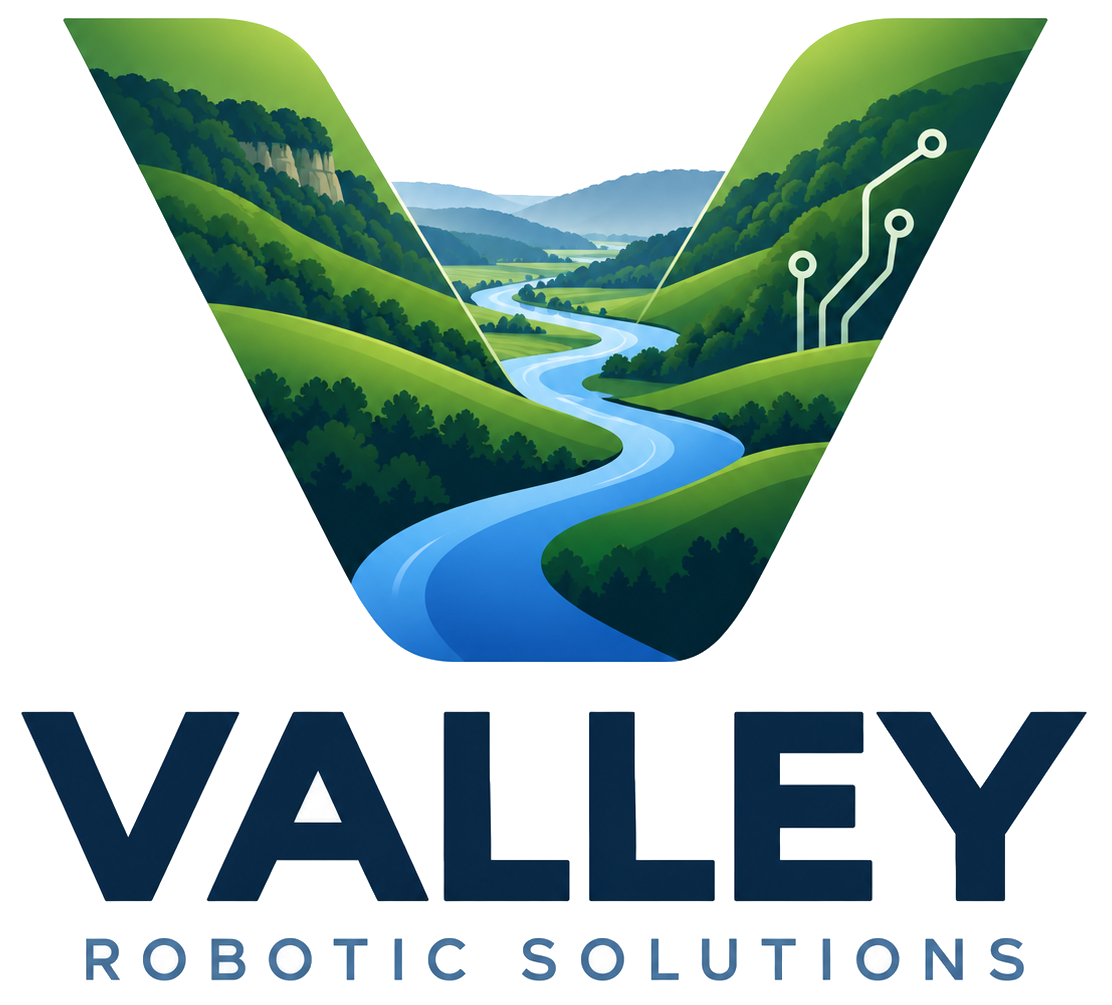 Valley Robotic Solutions logo featuring Iowa river bluffs and robotics circuitry